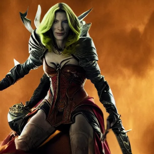 Image similar to a movie still photograph of cate blanchett as lady sylvanas windrunner