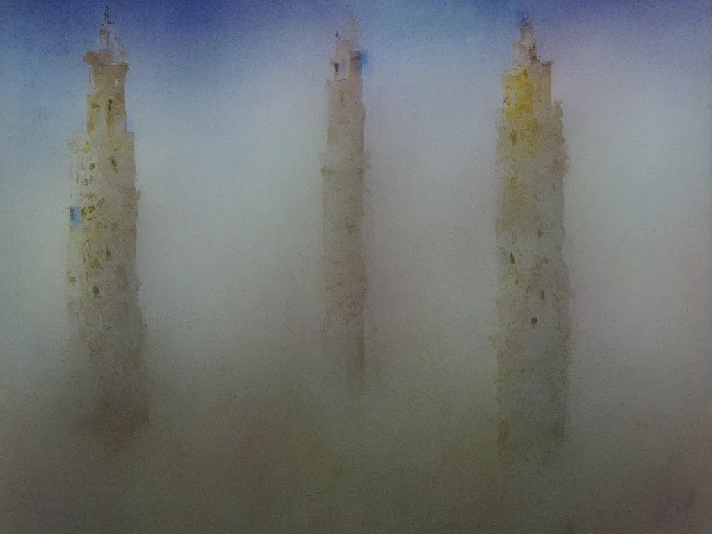 Prompt: The Flowery Tower with a White Horizon, landscape, pastel oil inks, soft pastel colors, paint-on-glass painting, chiaroscuro, very ethereal,fauvism, soft, ethereal, superflat art movement, pinhole photography futuristic y2k white pure estructure liminal, white fog painting, glided golden paper HD bokeh lighting chiaroscuro