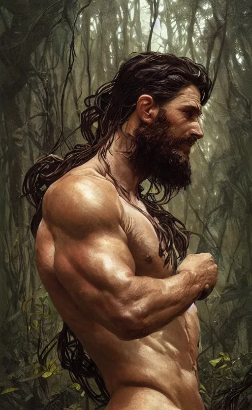 Image similar to portrait of the god of the forest, 30 years old, rugged, male, gorgeous, detailed face, amazing, thighs!!!!!!, muscular, intricate, highly detailed, digital painting, artstation, concept art, sharp focus, illustration, art by greg rutkowski and alphonse mucha