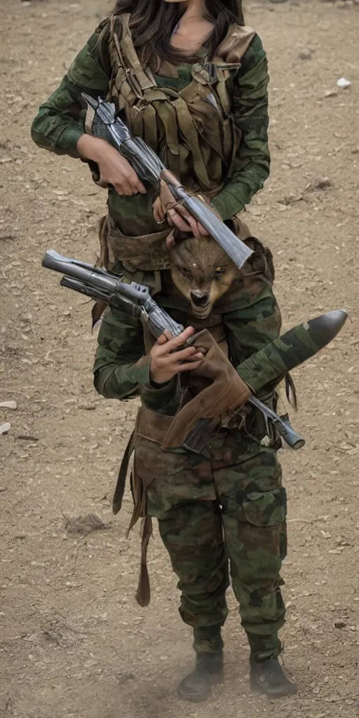 Image similar to A female peshmerga turning into a warewolf, by Sam Weber