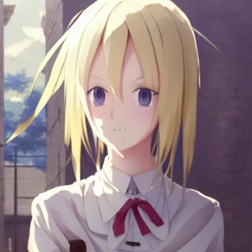 Image similar to a film still portrait of a kagamine rin, blond colored hair, finely detailed features, closeup at the faces, perfect art, at an ancient city, gapmoe yandere grimdark, trending on pixiv fanbox, painted by greg rutkowski makoto shinkai takashi takeuchi studio ghibli, akihiko yoshida