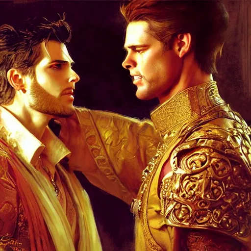 Image similar to attractive fully clothed king confesses his love for his attractive fully clothed male prince. highly detailed painting by craig mullins, gaston bussiere, mark brooks, j. c. leyendecker