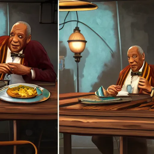 Prompt: bill cosby eating sausages, rapture, bioshock, photorealistic, 4 k, ultra realistic. isometric