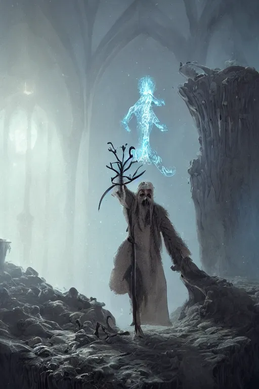 Image similar to a necromancer with a staff casts a spell that reveals the secret of life the universe and everything, dirty linen robes, staff of bones, grizzled bearded withered man by jessica rossier and hr giger