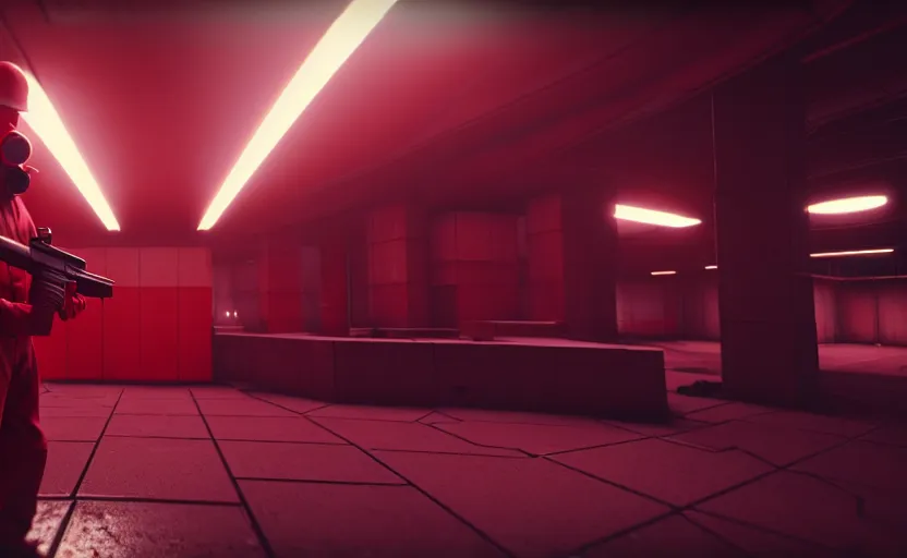 Image similar to in-game screenshot of a dark red hazmat scientist holding a gun walking on unreal engine 5, in a liminal underground garden, photorealistic, octane render, retrofuturism, brutalism, staggered terraces, minimalist, soft vintage glow