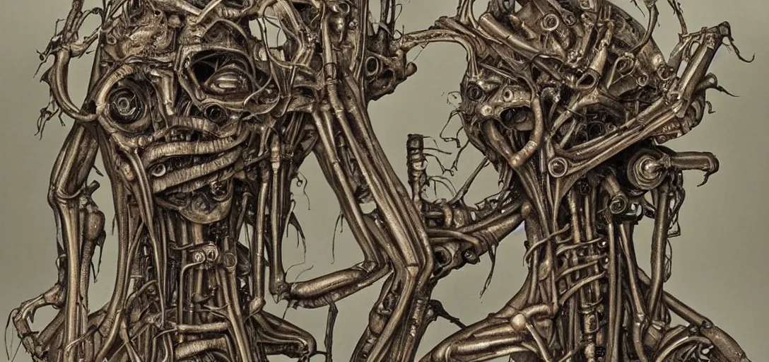 Prompt: a humanoid figure embedded into a machine in the style of hr giger, dark, body horror, human bodies, scary, disturbing, weird