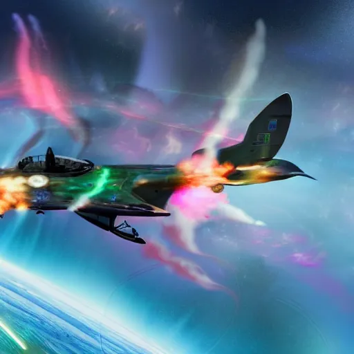 Image similar to photo, a futuristic space fighter modeled after a spitfire plane, flying through colorful clouds of smoke inside an intense space battle