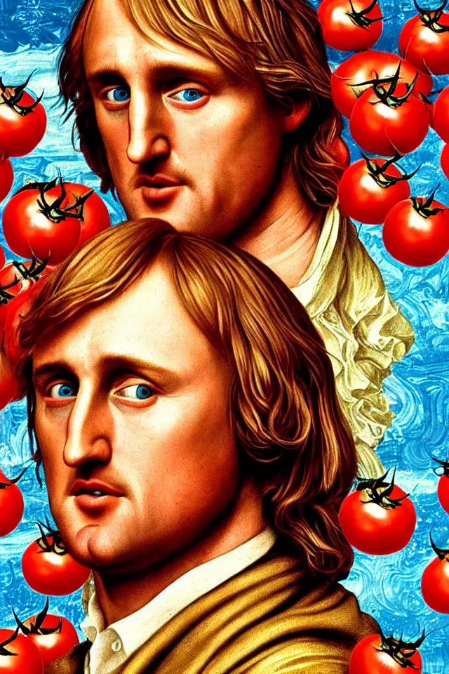 Prompt: bizarre renaissance portrait of owen wilson in a sea of thousands of highly detailed tomatos, dramatic cinematic lighting, 8 k, beautiful intricate pop - art painting