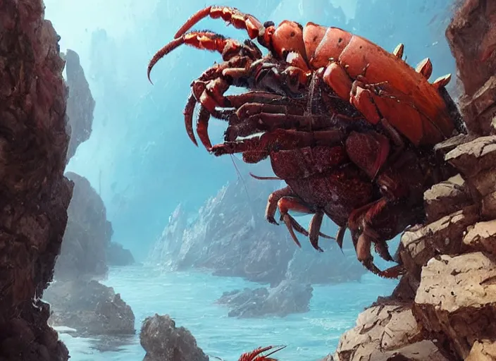 Image similar to a giant lobster monster in a rocky chasm. dreamy fantasy art by greg rutkowski