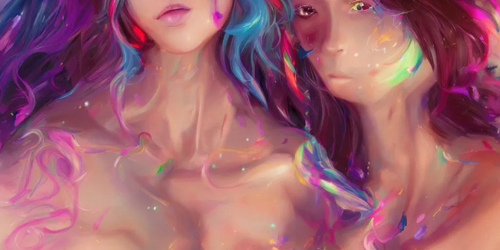 Prompt: a colorful and provenance portrait painting of a fantasy female pretty anime girl in bikini, detailed, highly detailed, hair made of hair made of air wind and curling smoke, mist, dust, genie, spirit fantasy concept art ， art by charlie bowater, trending on artstation.