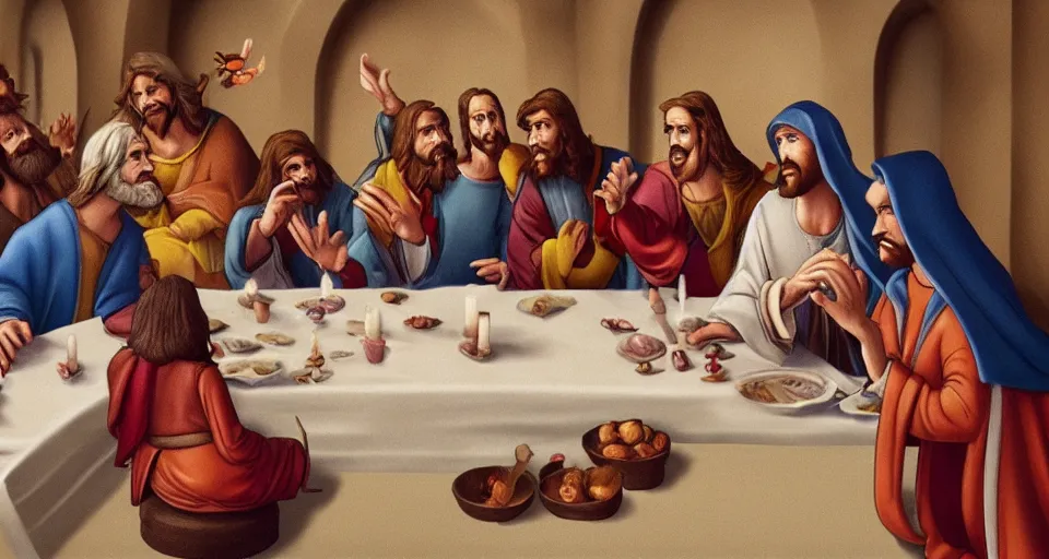 Prompt: disney characters at the last supper