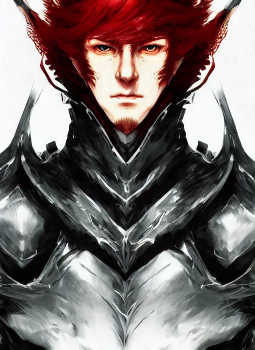 Prompt: Half body portrait of a handsome red haired elven prince in dragon scale armour. In style of Yoji Shinkawa and Hyung-tae Kim, trending on ArtStation, dark fantasy, great composition, concept art, highly detailed.