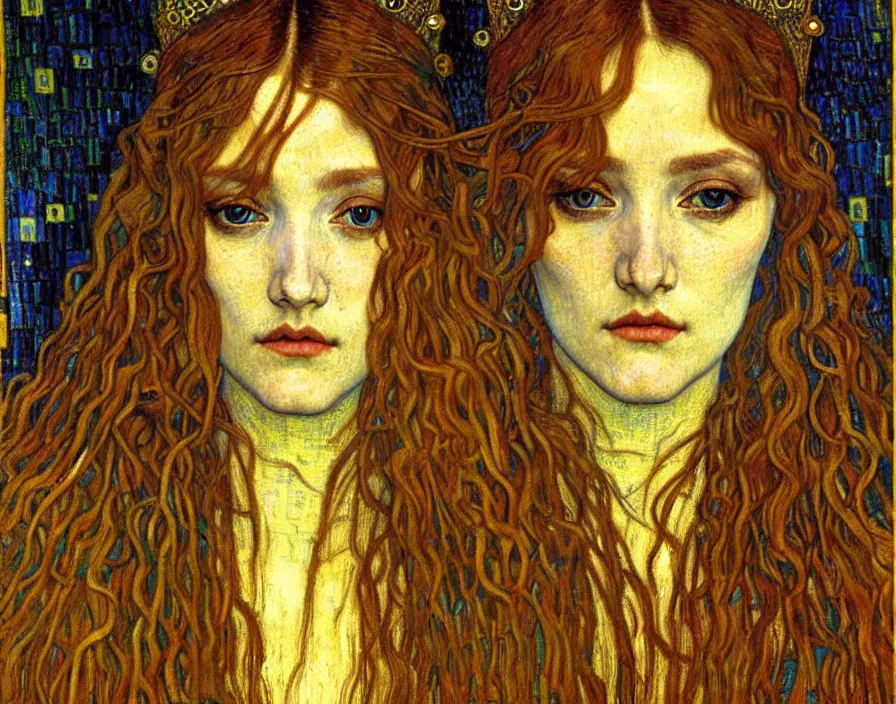 Image similar to detailed realistic beautiful young medieval queen face portrait by jean delville, gustav klimt and vincent van gogh, art nouveau, symbolist, visionary, gothic, pre - raphaelite, muted earthy colors, desaturated