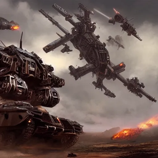 Image similar to a war machine with many big guns, fantasy, detailed, realistic, dramatic lighting