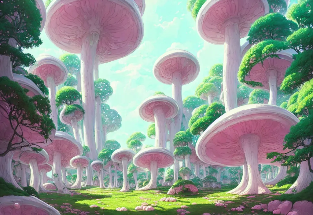 Image similar to a small chubby pink futuristic castle in a forest of giant white mushrooms, intricate oil painting, high detail illustration, sharp high detail, manga and anime 1 9 9 9, official fanart behance hd artstation by jesper ejsing and makoto shinkai, 4 k,