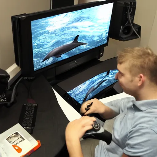 Image similar to A dolphin Twitch streaming playing video games on a computer