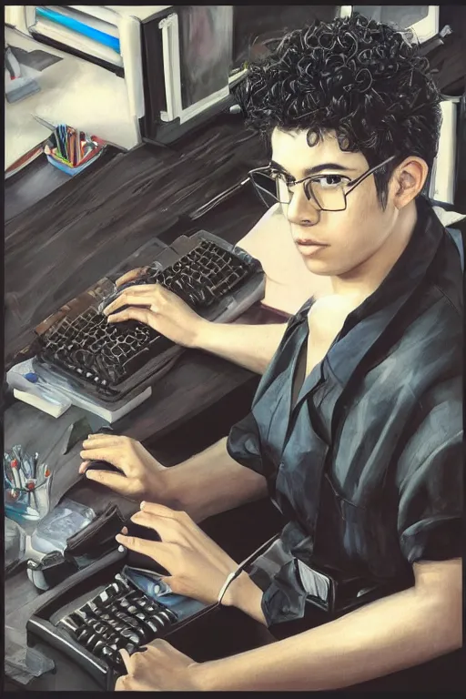 Image similar to painting of a young mexican man with short curly hair sitting at his work desk with an incredibly fancy mechanical keyboard, by artgerm and yoshitaka amano, trending on artstation