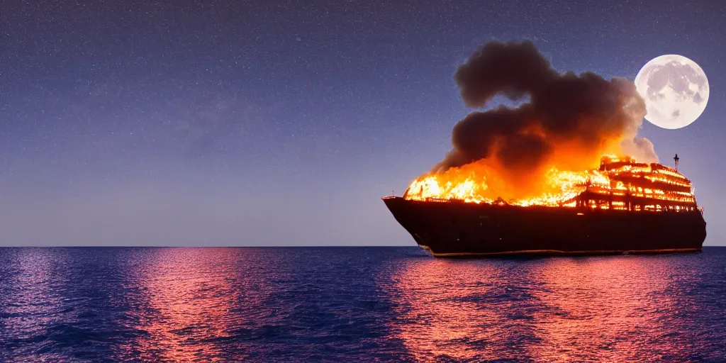 Image similar to an expensive matte paitning of a burning ship at night in the middle of ocean, clear sky, full moonlight