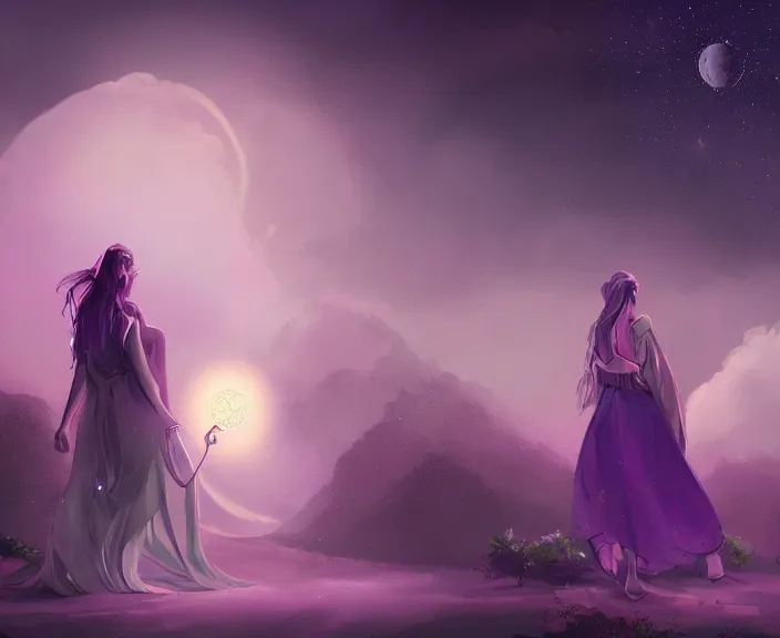 Prompt: an illustration of a mystical spiritual scene with a young woman in it, with starry dusted light and a moon, purple - tinted, high contrast, highly detailed, sharp focus, digital painting, illustration, trending on artstation,