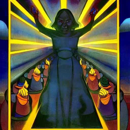 Image similar to the subway witch, by leo and diane dillon and diego rivera and nicholas roerich, dramatic lighting, god rays, smooth, sharp focus, highly detailed