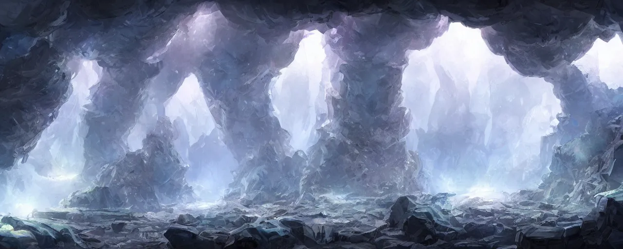 Image similar to concept art of an ancient fantasy cave with huge crystals, god rays, artstation