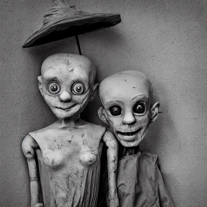 Image similar to creepy ventriloqiest dummy in the style of Roger Ballen, 4k, bw, portrait