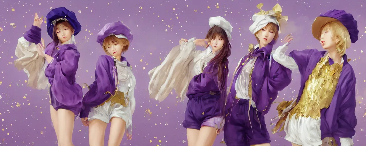 Image similar to Full View of a mysterious kpop girl group with short blond hair wearing an oversized purple Beret, Baggy Purple overall shorts, Short Puffy pants made of silk, silk shoes, a big billowy scarf, Golden Ribbons, white leggings Covered in stars. Short Hair. peasant magic. masterpiece 4k digital illustration by Ruan Jia and Mandy Jurgens and Artgerm and william-adolphe bouguereau, award winning, Artstation, art nouveau aesthetic, Alphonse Mucha background, intricate details, realistic, panoramic view, Hyperdetailed, 8k resolution, intricate art nouveau