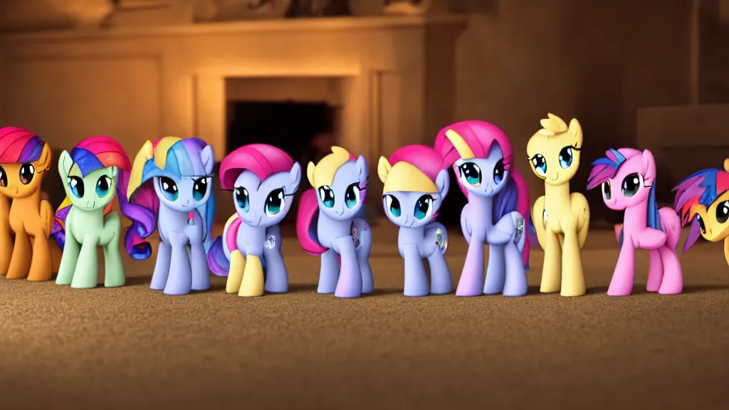 Image similar to A beautiful and wholesome scene of My Little Pony figurines in front of a lit fireplace, 4k, 8k, photography, warm lighting