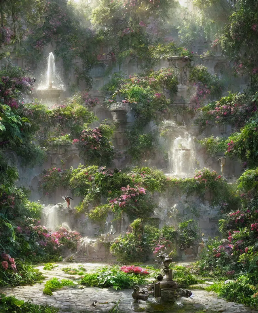 Image similar to Hyperrealistic Secret flower garden, water fountain, birds flying, fantasy, highly detailed, digital painting, trending artstation, concept art, illustration, art by Greg Rutkowski, octane render