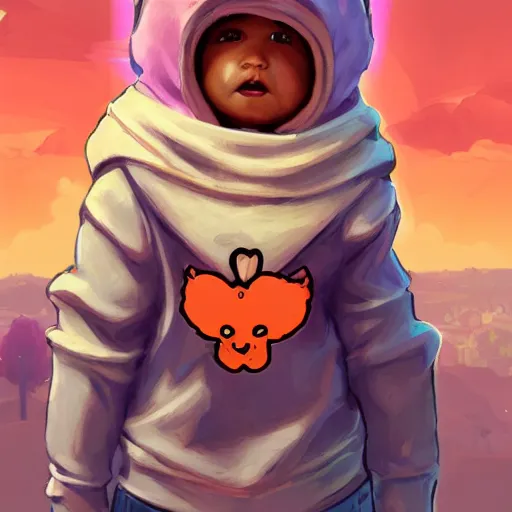 Image similar to baby Angel, baby cherub,wearing angel halo, ski mask, balaclava, face covered, wearing angel halo covered face, orange hoodie, hip hop, multiple golden necklaces, fantasy art apex fortnite Video game icon, 2d game art gta5 cover , official fanart behance hd artstation by Jesper Ejsing, by RHADS, Makoto Shinkai and Lois van baarle, ilya kuvshinov, rossdraws