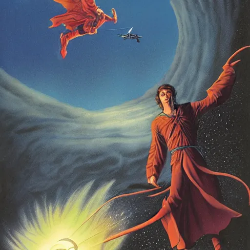 Prompt: illustration of Kaladin Stormblessed flying in the sky with Syl, his spren by Michael Whelan and Ron Walotsky, The Stormlight Archive