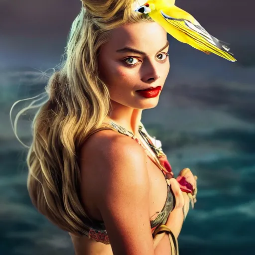 Image similar to margot robbie as a beautiful pirate with a parrot on the shoulder, realistic portrait, 8k resolution, hyper detailed, studio lighting, cinematic