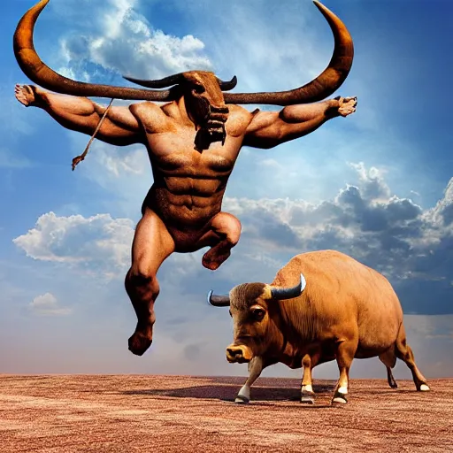 Prompt: realistic photo of a minotaur. body of a man and the head of a bull. hd