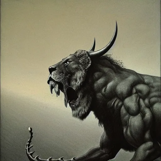 Image similar to monster with with four faces : man, lion, eagle, bull. drawn by zdzislaw beksinski