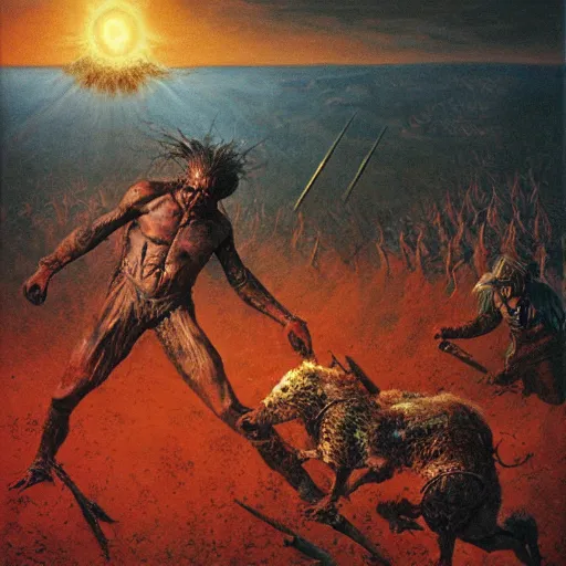 Image similar to ultra realistic painting of harold h. hamlet fending off the corrupted soldiers of recda, the last witch of the north on the mountain of gratsville but the great swine of the seventh sun is casting a spell to cause a catastrophe, by beksinski