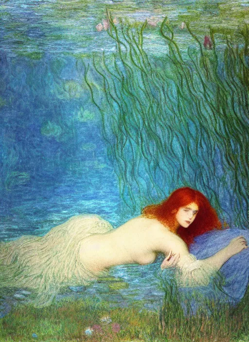 Prompt: lady laying under the sea on the seabed amongst the weeds, underwater shot, submerged, medium shot, on the bed of the river preraphaelite colour photography by rosetti and monet, 8 k