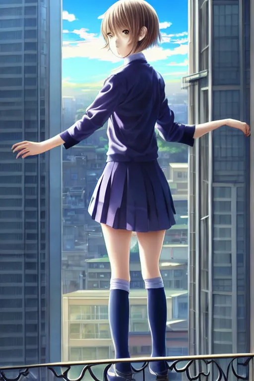 Image similar to beautiful full body portrait of one anime female with short hair, wearing Japanese school uniform, standing in on a balcony overlooking downtown Tokyo, D&D, fantasy, intricate, elegant, highly detailed, digital painting, artstation, concept art, smooth, sharp focus, illustration, beautiful sunlight and shadows, art by artgerm and WLOP and Ruan Jia and Krenz Cushart and greg rutkowski and alphonse mucha