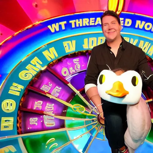 Image similar to ! dream tv show contestant winning a duck on tv show wheel or no wheel