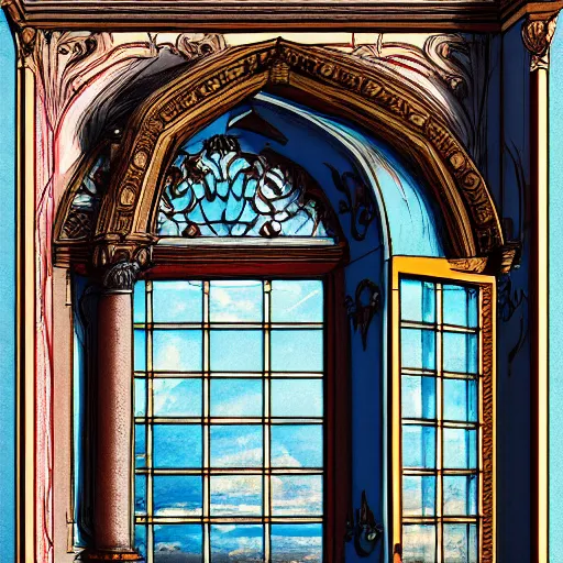 Image similar to digital illustration of a beautiful window open front view, complete window!, aesthetic, achenbach, andreas, angelico, fra, bellotto, bernardo, ornate, russian style, colorful architectural drawing, behance contest winner, vintage frame window