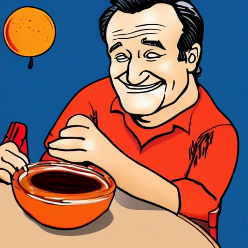 Image similar to robin williams sinking into a pit of bbq sauce, reaching towards the camera, childrens book illustration