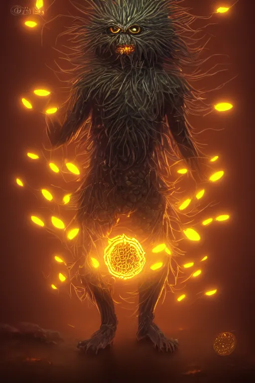 Prompt: a glowing humanoid figure dandelion monster with large glowing eyes, surrounded by golden coins, highly detailed, digital art, sharp focus, trending on art station, anime art style