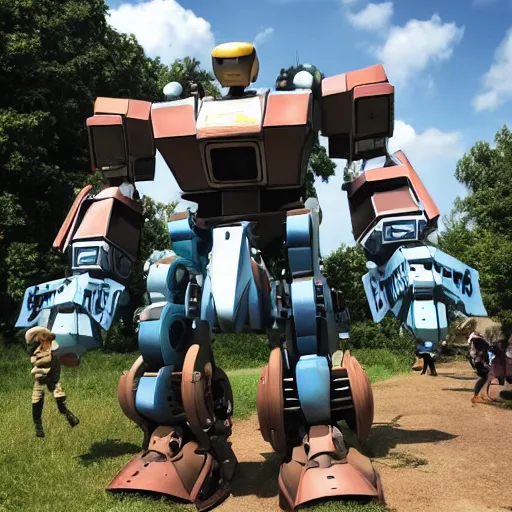 Prompt: giant oversized battle robot mech as giant baby on a village