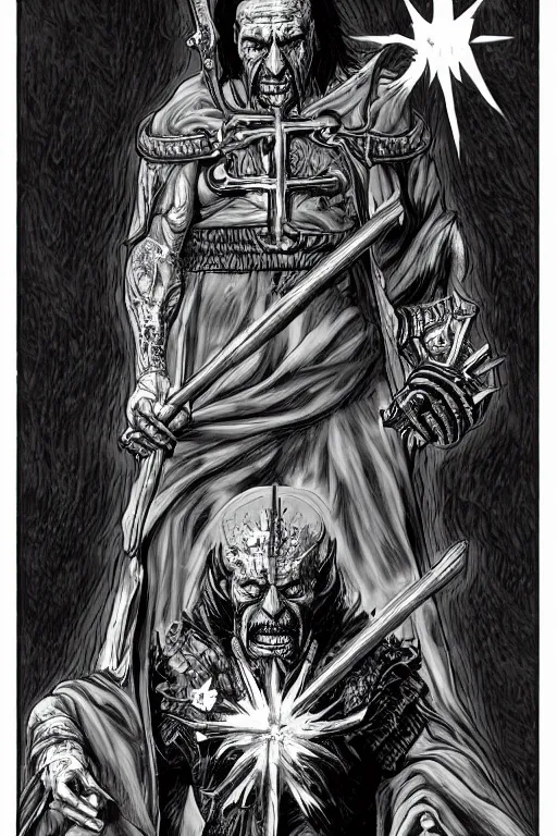 Image similar to Danny Trejo as church nun, dark fantasy, highly detailed, artstation, manga illustration by Kentaro Miura berserk