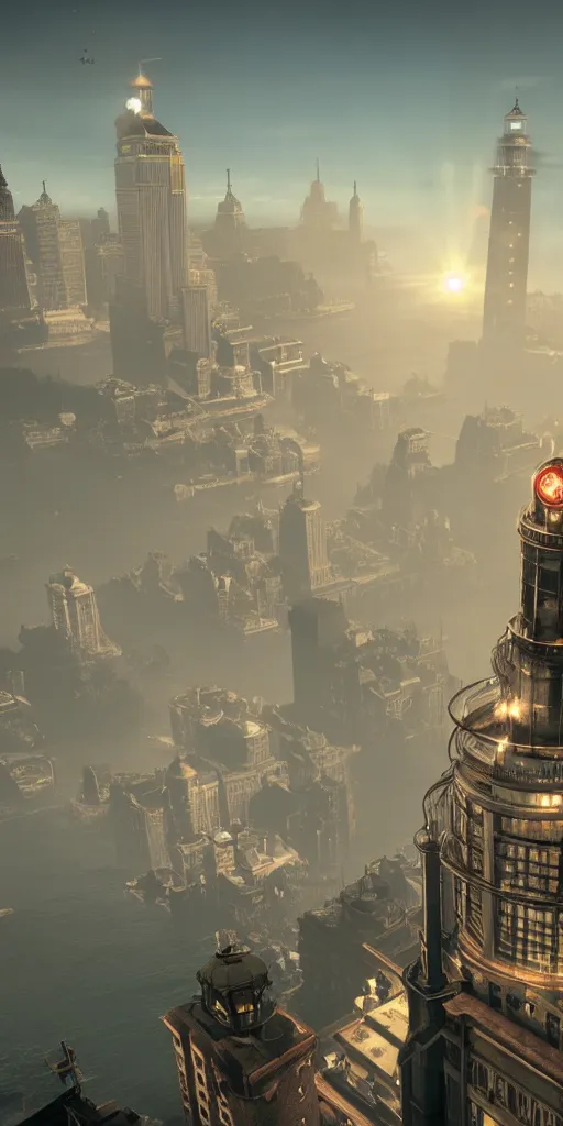 Image similar to the two cities of bioshock, Columbia floating up in the sky, a lighthouse on a island in the middle, the City of Rapture