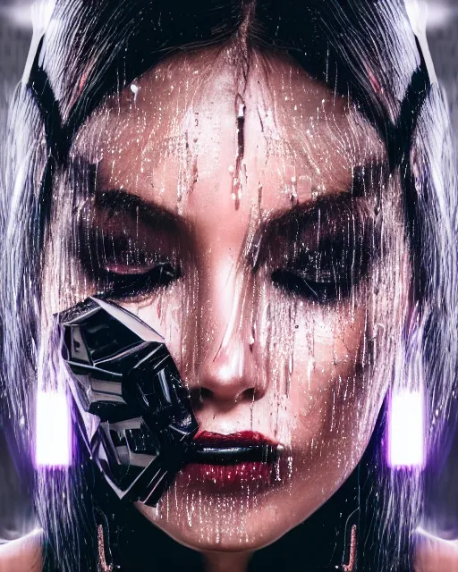 Image similar to portrait photo of female dancer as a cyberpunk mecha humanoid robotic head shoulder parts with straight bright led lights, under heavy rain, wet skin with water dripping down face, ultra - realistic and detailed, 8 k