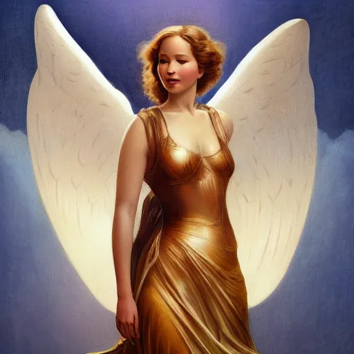 Image similar to Jennifer Lawrence as angel, medieval art, medium shot, intricate, elegant, highly detailed, digital painting, volumetric light, artstation, concept art, smooth, sharp focus, illustration, art by Gil Elvgren and Greg Rutkowski and Alphonse Mucha, 8K