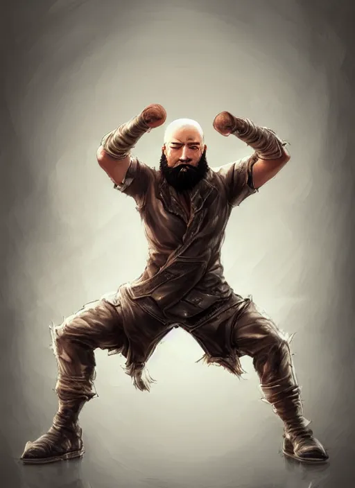 Image similar to a highly detailed illustration of bearded asian man wearing leather jacket with bandaged right hand, focused boxing philly shell stance pose, hands shielding face, intricate, elegant, highly detailed, centered, digital painting, artstation, concept art, smooth, sharp focus, league of legends concept art, WLOP