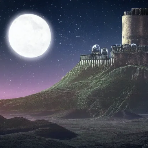 Image similar to sci - fi / fantasy fortress surrounded by moons, retro, crisp, clear, wallpaper