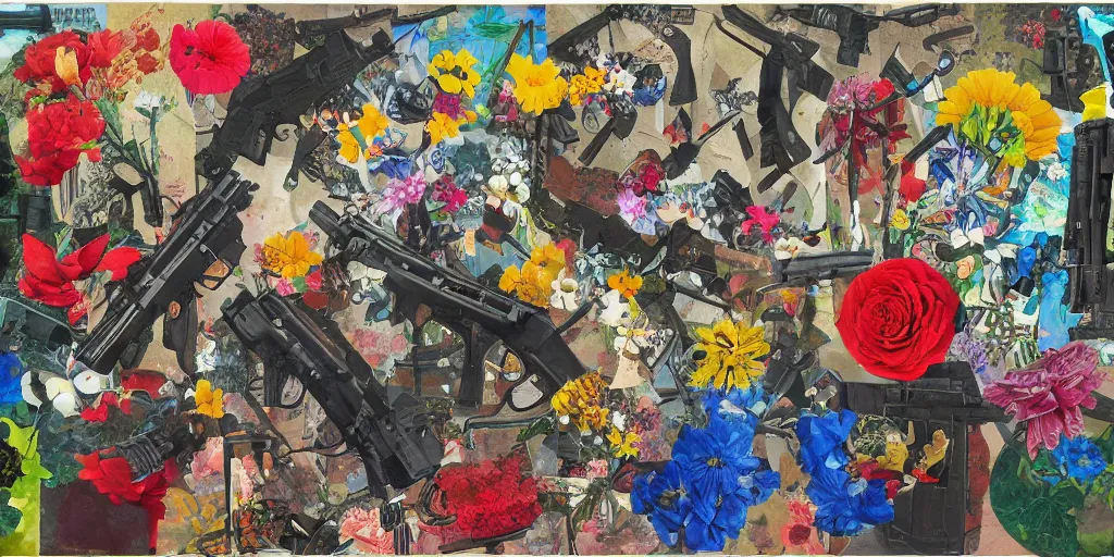 Image similar to guns and flowers, collage, acrylic on canvas, expressionism movement, breathtaking detailed, by blake neubert