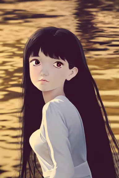 Prompt: mysterious little girl with her long black hair dressed in a simple white dress in lake, anime art style, digital artwork made by ilya kuvshinov, inspired in balthus, hd, 4 k, hyper detailed, side view